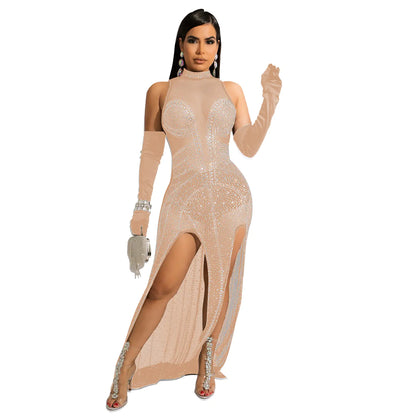 Aura13 Mesh Hot Drilling See-Through Dress – Elegant Long Asymmetric Gown for Night Out Glamour