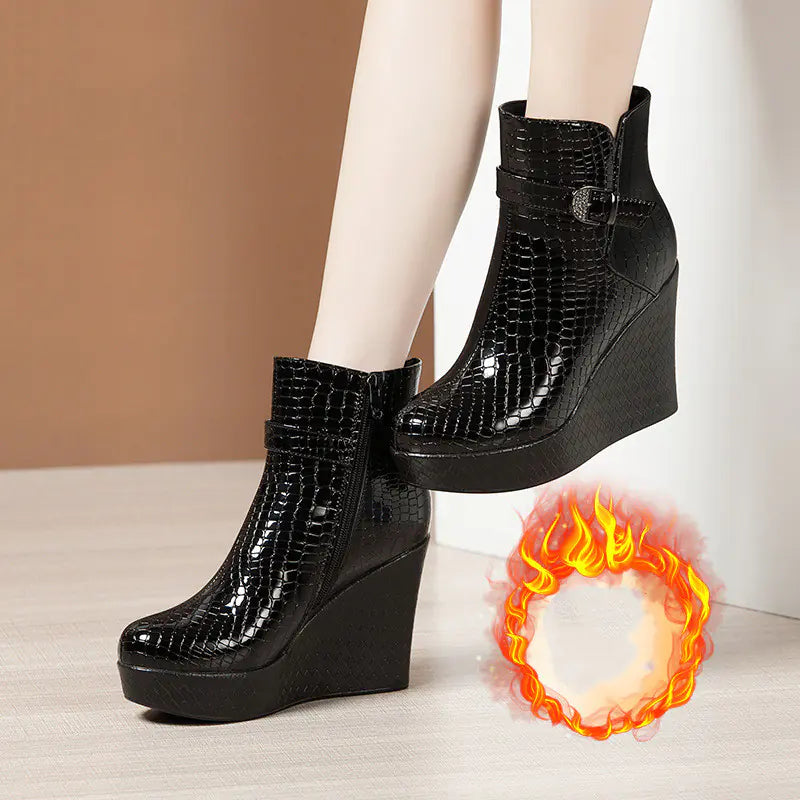 Aura13 Women’s Patent Leather Platform Wedge Martin Boots – Chic Short Ankle Boots with Height & Comfort