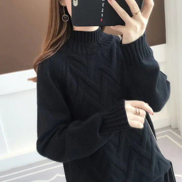 Aura13 Women’s High-Neck Rib Knit Sweater – Slim Fit Long-Sleeve Pullover for Autumn & Winter