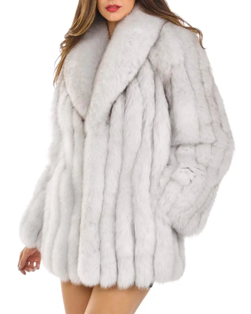 Aura13 Winter Faux Fur Coat for Women – Elegant Fox Fur Collar Plush Jacket