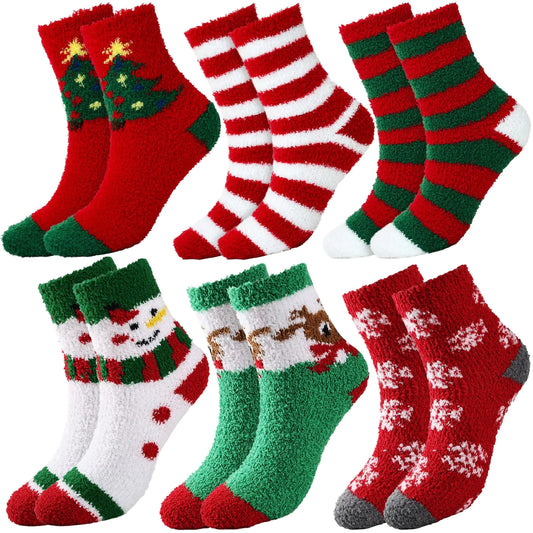 Aura13 Warm & Fuzzy Christmas Socks Gift Set for Women – 6-Pair Colorful Cozy Slipper Socks