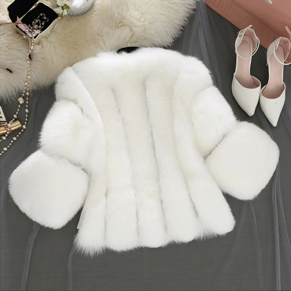 Aura13 Faux Fox Fur Short Coat for Women – Elegant Patchwork Plush Winter Jacket