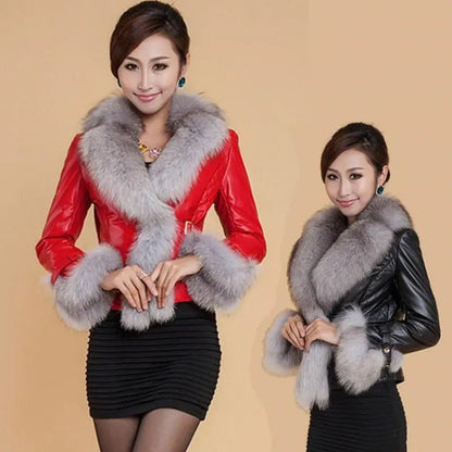 Aura13 Women’s Short Faux Leather Coat – PU Jacket with Fox Fur Collar