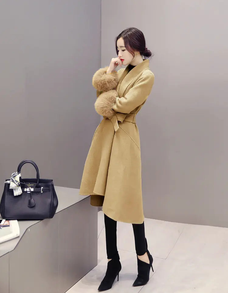 Aura13 Women’s Long Wool Blend Coat – Elegant Fox Fur Trim Winter Overcoat