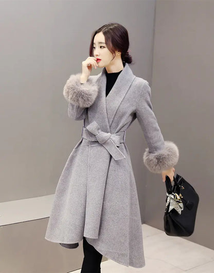 Aura13 Women’s Long Wool Blend Coat – Elegant Fox Fur Trim Winter Overcoat