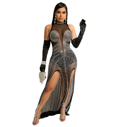 Aura13 Mesh Hot Drilling See-Through Dress – Elegant Long Asymmetric Gown for Night Out Glamour