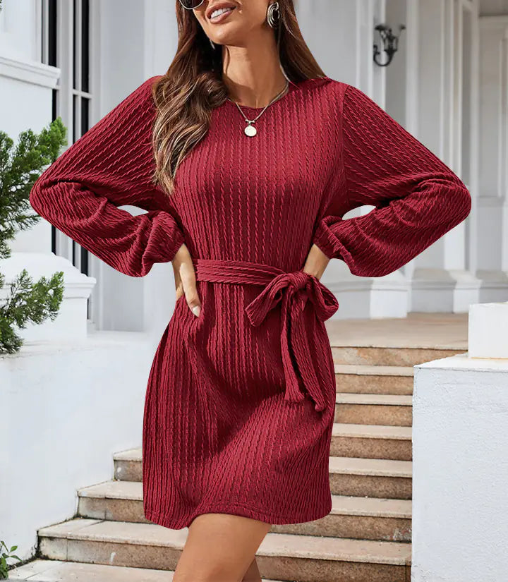 Aura13 Women’s Long Sleeve Knit Dress – 2023 Autumn/Winter Twist Design Puff Sleeve Bodycon Midi Dress