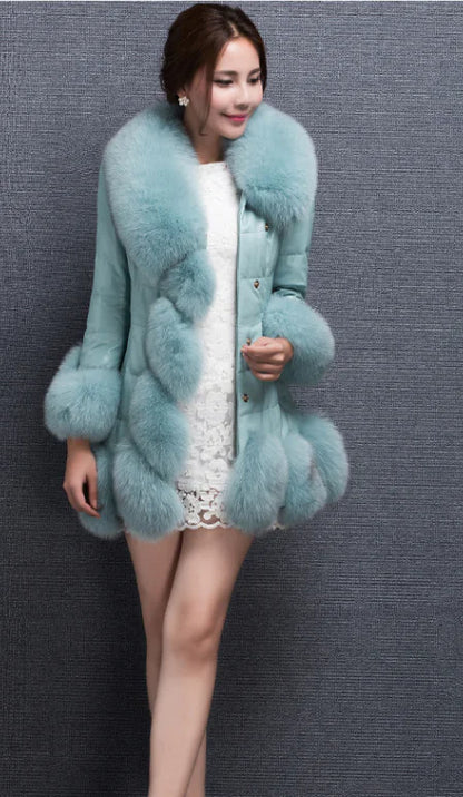 Aura13 Slim Fit Mid-Length Faux Fur Coat – Women’s Fox Fur Collar Winter Jacket