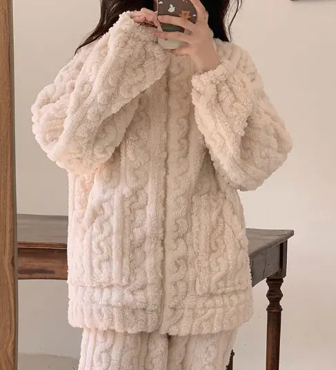 Aura13 Women’s Velvet Jacquard Pajama Set – Coral Plush Zipper Loungewear for Cozy Elegance