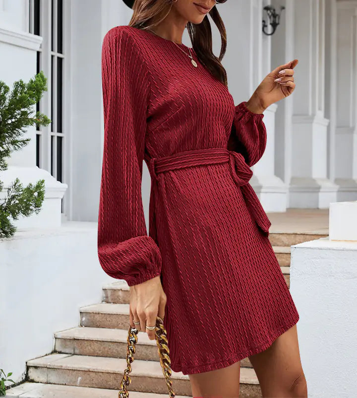 Aura13 Women’s Long Sleeve Knit Dress – 2023 Autumn/Winter Twist Design Puff Sleeve Bodycon Midi Dress