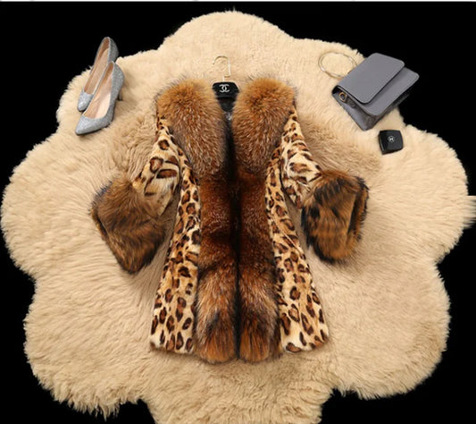 Aura13 Classic Leopard Print Faux Fur Coat for Women – Mid-Length Plush Winter Jacket