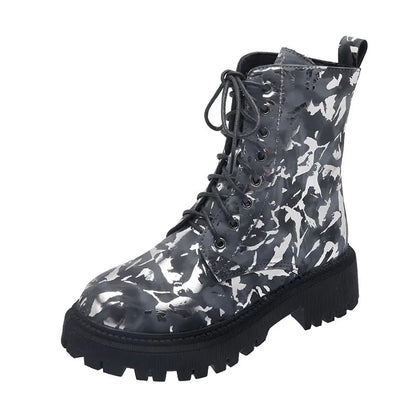 Aura13 Floral Martin Boots for Women – Warm Printed Winter Motorcycle Boots with Lace-Up Design