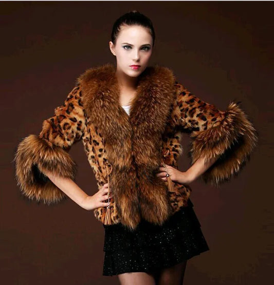 Aura13 Women’s Leopard Print Faux Fur Coat – Short Winter Jacket with Big Collar