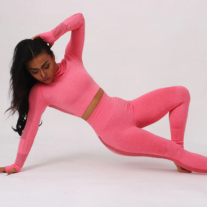 Aura13 Seamless Long Sleeve Yoga Set – High Waist Leggings & Round Neck Top for Effortless Performance