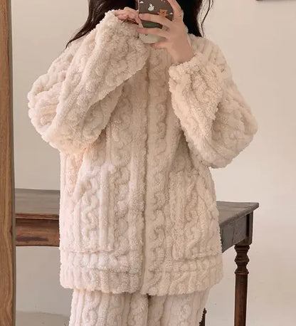 Aura13 Women’s Velvet Jacquard Pajama Set – Coral Plush Zipper Loungewear for Cozy Elegance